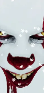 Creepy clown face with red lips and yellow eyes on a white background wallpaper.