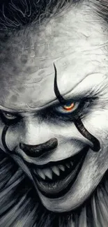 Creepy clown face with intense expression in grayscale horror art.