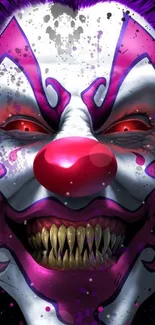 Creepy clown with sharp teeth and vivid colors on a mobile wallpaper.