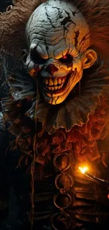 Creepy clown holding lighted candles in darkness.