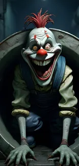 Creepy clown emerging from a dark tunnel with a menacing grin.