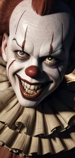 Creepy clown with sinister smile in dark background.