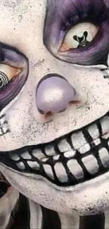 Creepy clown face with dark makeup and eerie expression.