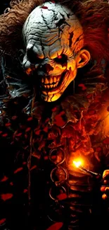 Creepy clown holds candles in dark ambiance wallpaper.
