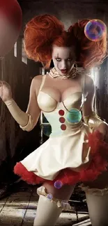 Creepy clown with red hair in spooky abandoned setting.