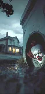 Creepy clown in drain at night wallpaper.