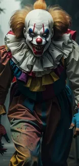 Creepy clown in colorful costume walking down a foggy street.