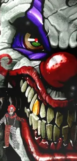 Vivid, creepy clown face with sharp teeth for mobile wallpaper.