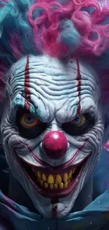 Eerie clown with vibrant colors and haunting expression on wallpaper.