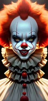 Creepy clown with red hair and ruffled collar in haunting mobile wallpaper.