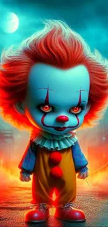 Creepy clown with red hair under a full moon in a vibrant, eerie setting.