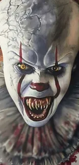 Creepy clown with sinister expression on mobile wallpaper.