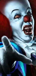 Creepy clown with red hair and nose.