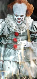 Eerie clown in vintage costume on dark mobile wallpaper.