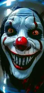 Creepy clown face with sinister smile in horror-themed wallpaper.