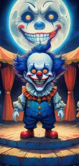 Creepy clown under eerie moonlight with circus tents.