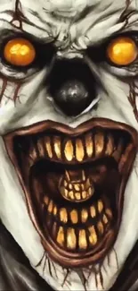 Creepy clown with glowing eyes and teeth in dark theme wallpaper.