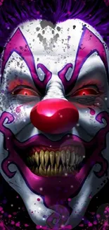 Creepy clown face with purple and red accents and menacing smile.