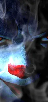 Creepy clown face with smoke overlay.