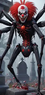 Creepy clown-spider hybrid in graveyard setting mobile wallpaper.