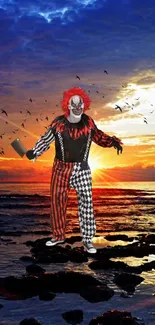 Creepy clown standing by the ocean at sunset with birds flying above.