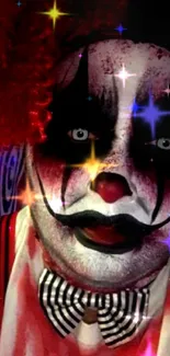 Sinister clown with red hair and makeup, perfect for Halloween.