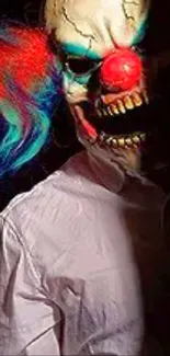 Creepy clown with colorful hair and red nose.