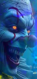 Creepy clown with glowing eyes and colorful background.