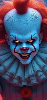 Creepy clown with bright eyes in a spooky wallpaper.