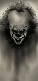 Creepy clown with eerie expression against a smoky gray background wallpaper.