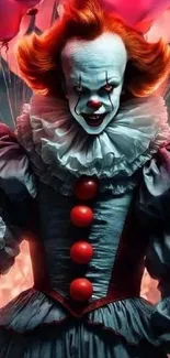 Scary clown holding balloons with red hair and white ruffled collar.