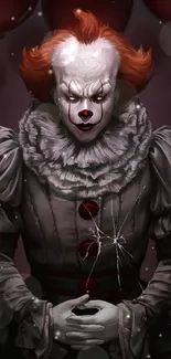 Creepy clown portrait with dark red theme for mobile wallpaper.