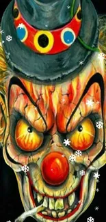 Creepy clown with vivid colors and eerie expression on a mobile wallpaper.