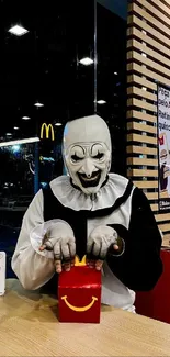 Creepy clown holding a Happy Meal box at night.