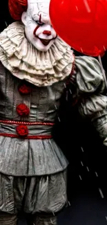 Creepy clown holding a red balloon in the rain.