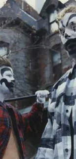 Eerie clowns with bold makeup in front of a spooky old house.