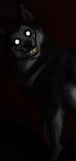 Creepy dog with glowing eyes on dark background.