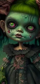 Creepy doll with gothic style and green hues in a chilling wallpaper design.