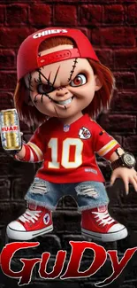 Creepy cartoon doll holding a drink in front of a red brick wall.