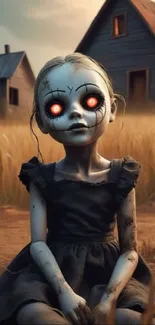 Creepy doll with glowing eyes in a spooky field setting.