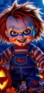 Creepy doll with pumpkins under moonlight