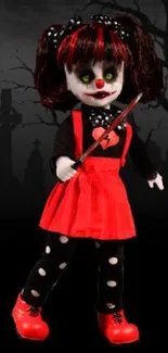 Creepy doll in red dress with a spooky Halloween background.