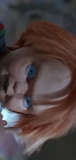 Creepy doll with blue eyes and red hair in a horror setting.