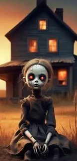 Creepy doll in front of a haunted house at dusk, with an eerie atmosphere.