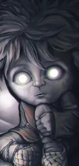 Creepy doll with glowing eyes, dark theme wallpaper.