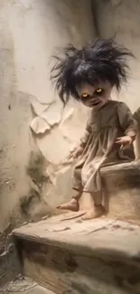 Creepy doll with glowing eyes on rustic steps wallpaper.