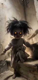 Creepy doll with glowing eyes on stairs