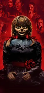 Creepy doll on red horror-themed wallpaper.