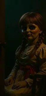 Creepy doll in dimly lit room with braids and eerie atmosphere.