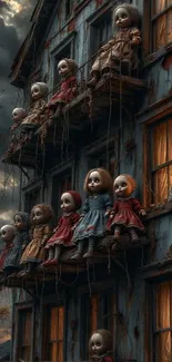 Creepy dollhouse with eerie dolls on balconies in a dark setting.